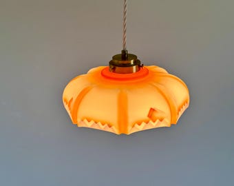 Vintage Art Deco Frosted Glass Pendant Lamp / Orange Geometric Ceiling Light / Mid Century Hanging Lamp / 1940s