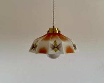 Vintage Art Deco Glass Pendant Lamp / Hand Painted Geometric Ceiling Light / Mid Century Hanging Lamp / 1940s