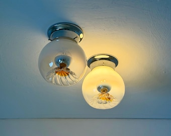 1 of 2 Vintage Mazzega Murano Glass Globe Sconce / Italian White Clear Glass Wall or Ceiling Light / Mid Century Flush Mount / 1970s