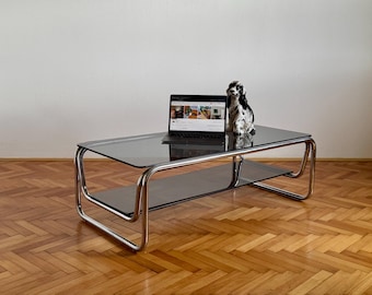 Vintage Large Rectangular Smoked Glass Coffee Table / Bauhaus Style Living Room Side Table / 1970s