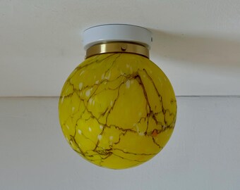 Vintage Yellow Marbled Glass Globe Ceiling or Wall Lamp / Mid Century Modern Pop Art Sconce / Flush Mount Light / 1960s