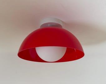 Vintage Space Age Wall or Ceiling Lamp / Red and White Glass Sconce / Italian Flush Mount Light / 1970s