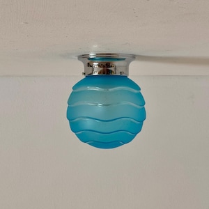 Vintage Art Deco Blue Glass Ceiling or Wall Light / Mid Century Modern Globe Sconce  / Chrome and Glass Lamp / Made in Italy / 1950s