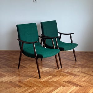 Vintage Green & Brown Meblo Armchair / Mid Century Modern Wood Accent Chair / Retro Upholstered Lounge Armchair / Yugoslavia / 1970s
