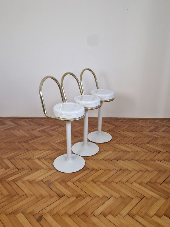 1 of 3 Vintage White & Gold Bar Stools with Back / Counter Height Stools / Mid Century Modern Bar Chairs / Yugoslavia / 1970s