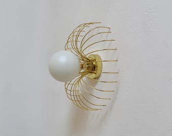 Vintage Brass & White Globe Ceiling or Wall Light / Italian Mid Century Modern Sputnik Sconce / Sculptural Flush Mount Lamp / 1980s