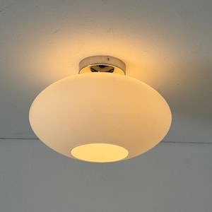 Vintage Minimalistic Round White Opal Glass Ceiling Light or Wall Sconce / Mid Century Modern Flush Mount Lamp / Italy / 1970s