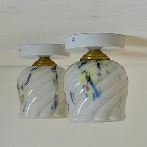 Set of 2 Vintage Italian White Swirl Glass Sconces / MCM Flush Mount Wall or Ceiling Lamps / Colorful Retro Lights / 1970s