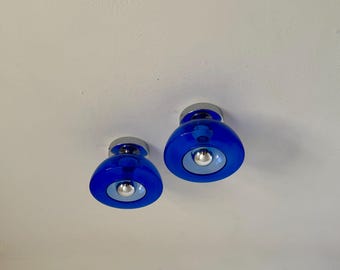 1 of 2 Vintage Dark Blue Glass Flush Mount Light / Italian Space Age Ceiling or Wall Lamp / MCM Sconce / 1970s