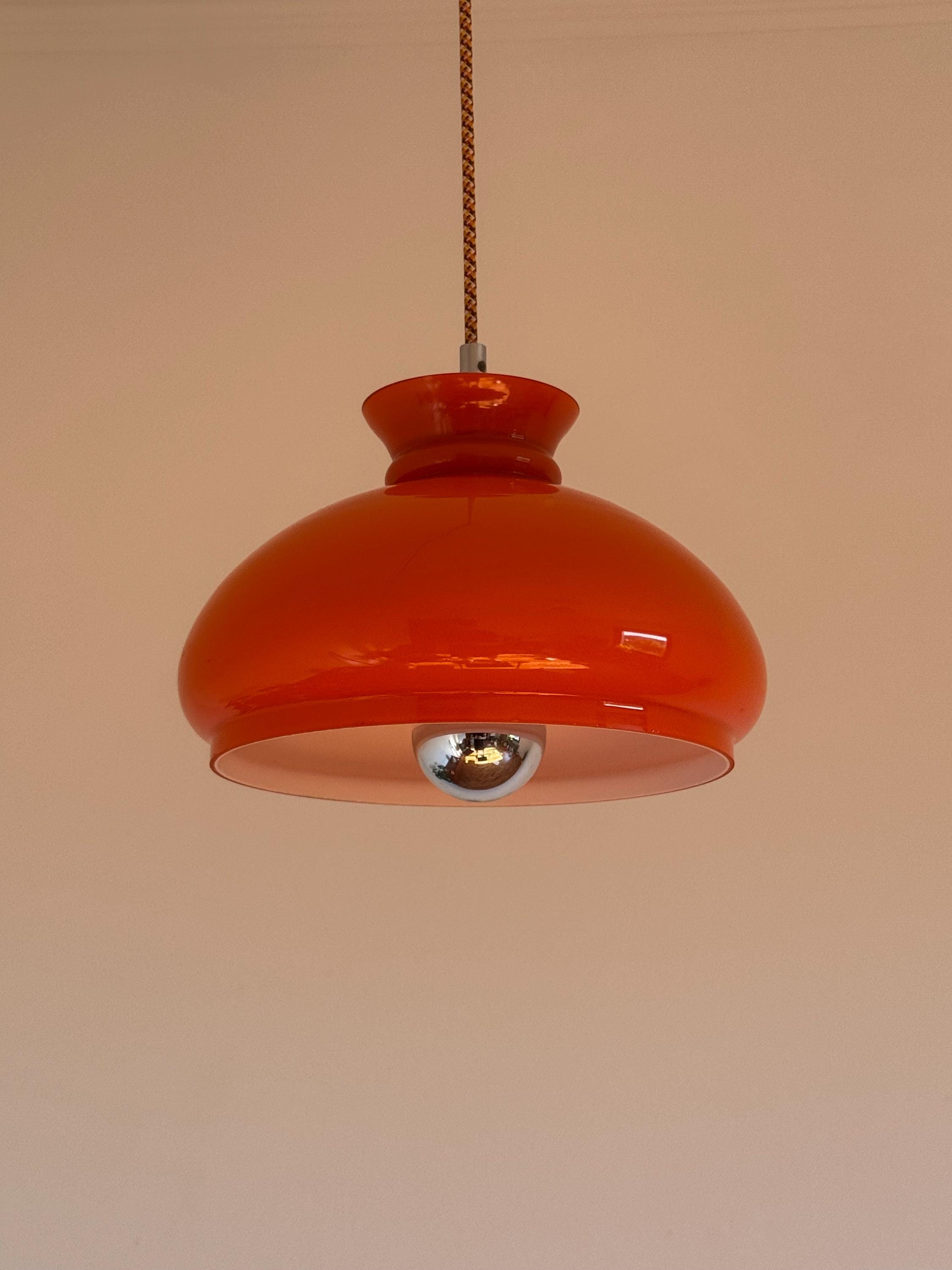 Vintage Orange Glass Pendant Lamp / Mid Century Modern Opaline