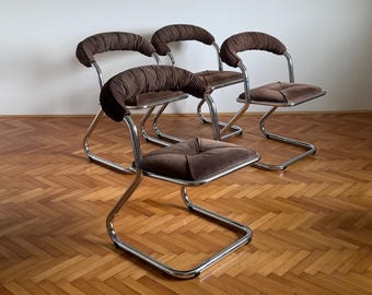 SET of 4 Vintage Brown Cantilaver Dining Chairs / Giotto Stoppino Style Chrome Tubular Chairs / Mid Century Bauhaus Chairs / 1970s
