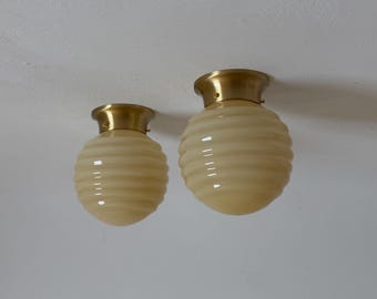 1 of 2 Vintage Beige Ribbed Glass Ceiling or Wall Light / Art Deco Globe Sconce / Italian Mid Century Flush Mount / 1950s