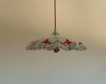 Antique Red & White Glass Pendant Lamp / Vintage Ceiling Light / Space Age Lamp / Retro Hanging Lamp / Yugoslavia / 1980s