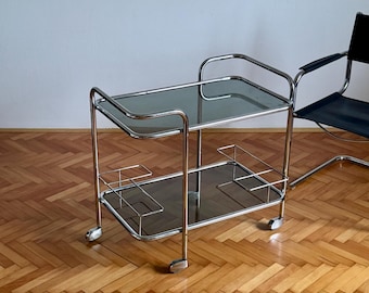 Vintage Bauhaus Chrome Bar Cart / Italian Smoked Glass Serving Trolley / Mid Century Modern Rolling Drinks Cart / 1970s