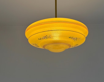 Rare Antique Art Deco Pendat Light / Vintage Glass Ceiling Light / Mid Century Hanging Lamp / Glass & Brass / Flowers Patteren / 1940s