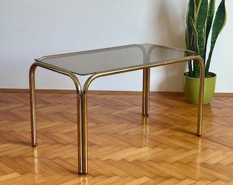 Vintage 80s Gold and Smoked Glass Coffee Table / Mid-century