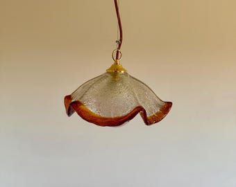 Vintage Mazzega Murano Glass Pendant Lamp / Italian Wavy Ceiling Light with Amber Rim / Mid Century Lighting / 1970s