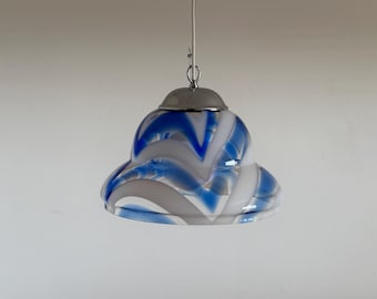 Vintage Blue & White Glass Pendant Lamp in Mazzega Style / Mid Century Swirl Ceiling Light / Italy / 1970s
