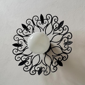 Vintage Wrought Iron Ceiling or Wall Lamp with White Glass Globe / MCM Hand-Forged Sconce / Yugoslavian Flush Mount Light / 1960s