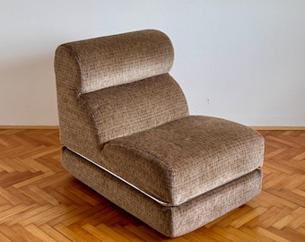 Vintage Modular Lounge Chair / Mid Century Modern Low Armchair / Living Room Brown Fabric Chair /  Made in Italy / 1970s
