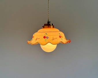 Antique Art Deco Pink Glass Pendat Lamp with Floral Motif / Vintage Ceiling Light / Mid Century Hanging Lamp / Glass & Brass / 1950s
