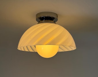 Vintage Space Age Glass Flush Mount Light / White Ribbed Bowl & Opal Globe Lamp / Mid Century Wall or Ceiling Sconce / 1970s
