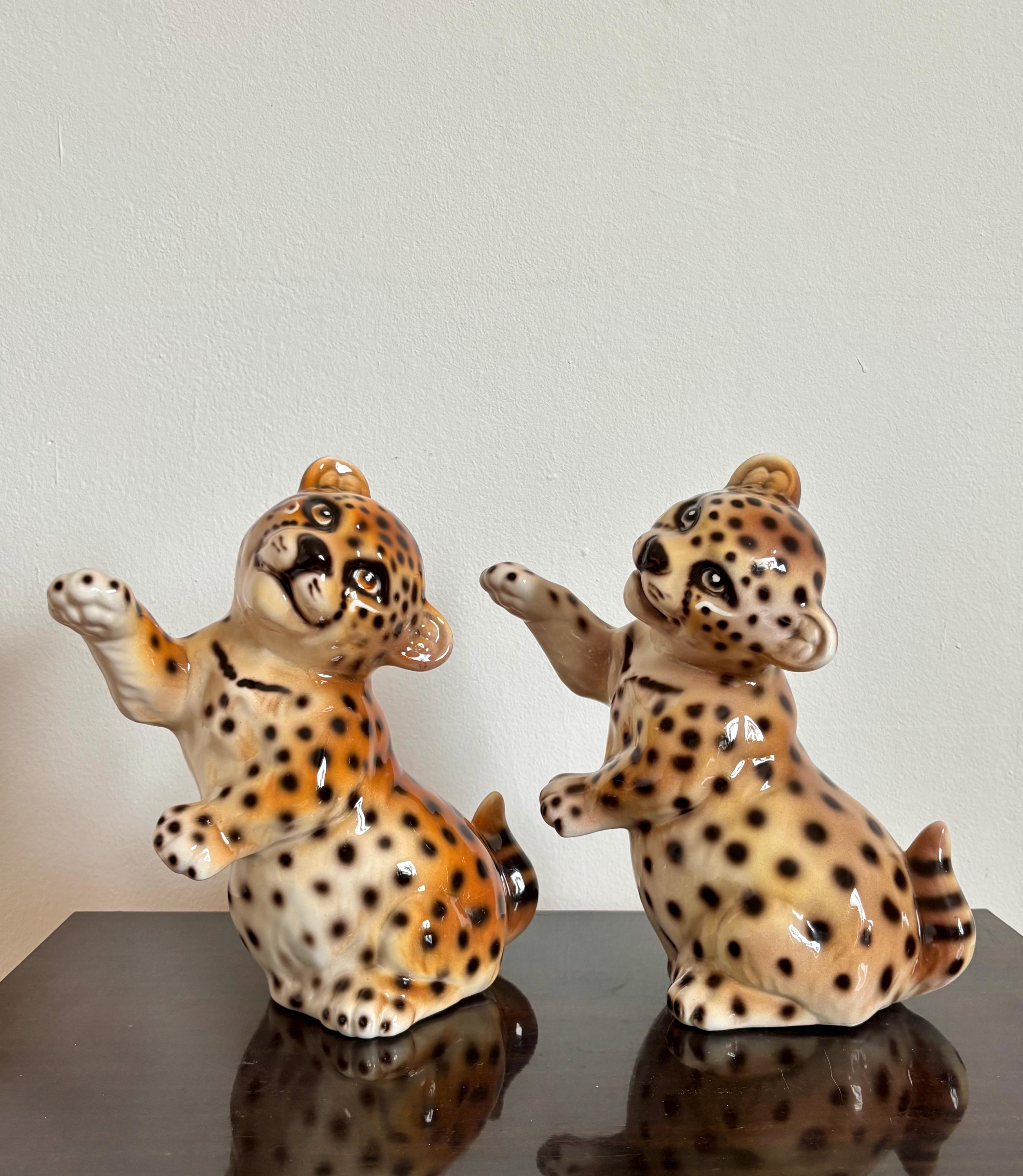 Vintage Ceramic Cheetah Cubs Figurines / Italian Leopard Statues