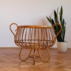 Vintage Rattan & Bamboo Basket / Mid Century Magazine Rack / Boho Flower Stand / Plant Holder / Made in Italy / 1960s