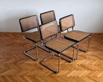 1 of 4 Vintage Cesca B32 Cantilaver Dining Chairs by Marcel Breuer for Thonet / Mid Century Rattan Cane Chair / Italy / 1970s