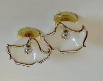 1 of 2 Vintage White & Amber Murano Glass Ceiling or Wall Lamp / Italian Flush Mount Lamp / Mid Century Sconce / 1970s
