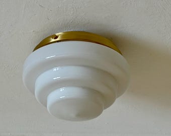Vintage  Art Deco Stepped Ceiling or Wall Lamp / White Opaline Glass Flush Mount Light / Mid Century Modern Sconce / 1950s