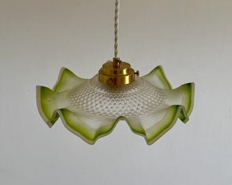 Vintage Frosted Glass Pendant Lamp / Green Rim Ceiling Light / Embossed Italian Hanging Lamp / Mid Century / 1970s