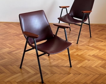 ONE Vintage Niko Kralj Red Leather Shell Chair / Mid Century Modern Yugoslav Armchair / Lounge Chair / 1960s
