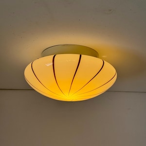 Vintage Murano Glass Swirl Ceiling or Wall Light / White & Black Striped Flush Mount / MCM Italian Round Sconce Lamp / Spirals / 1970s