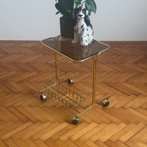 May include: A gold metal side table with a glass top and a wire basket underneath. The table has four wheels and is sitting on a wooden floor. A small ceramic dog figurine is sitting on the table.