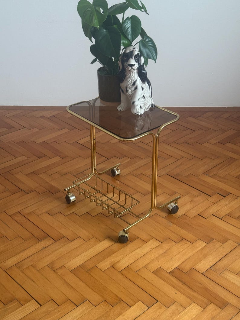 May include: A gold metal side table with a glass top and a wire basket underneath. The table has four wheels and is sitting on a wooden floor. A small ceramic dog figurine is sitting on the table.
