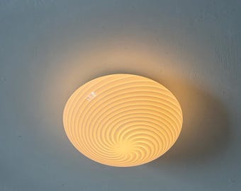 Vintage White Murano Swirl Glass Flush Mount Light / Italian Spiral Wall or Ceiling Sconce / Mid Century Modern Lamp / 1970s