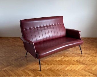 Vintage Bordeaux Red Faux Leather Sofa / Mid Century Italian Couch / Lounge Sofa /  1970s