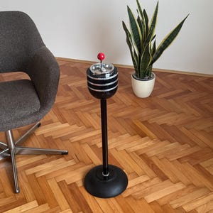 Vintage Black Floor Standing Push Down Spinning Ashtray / Mid Century Modern Round Ashtray / Designed by Mauser Werke / Germany / 1960s