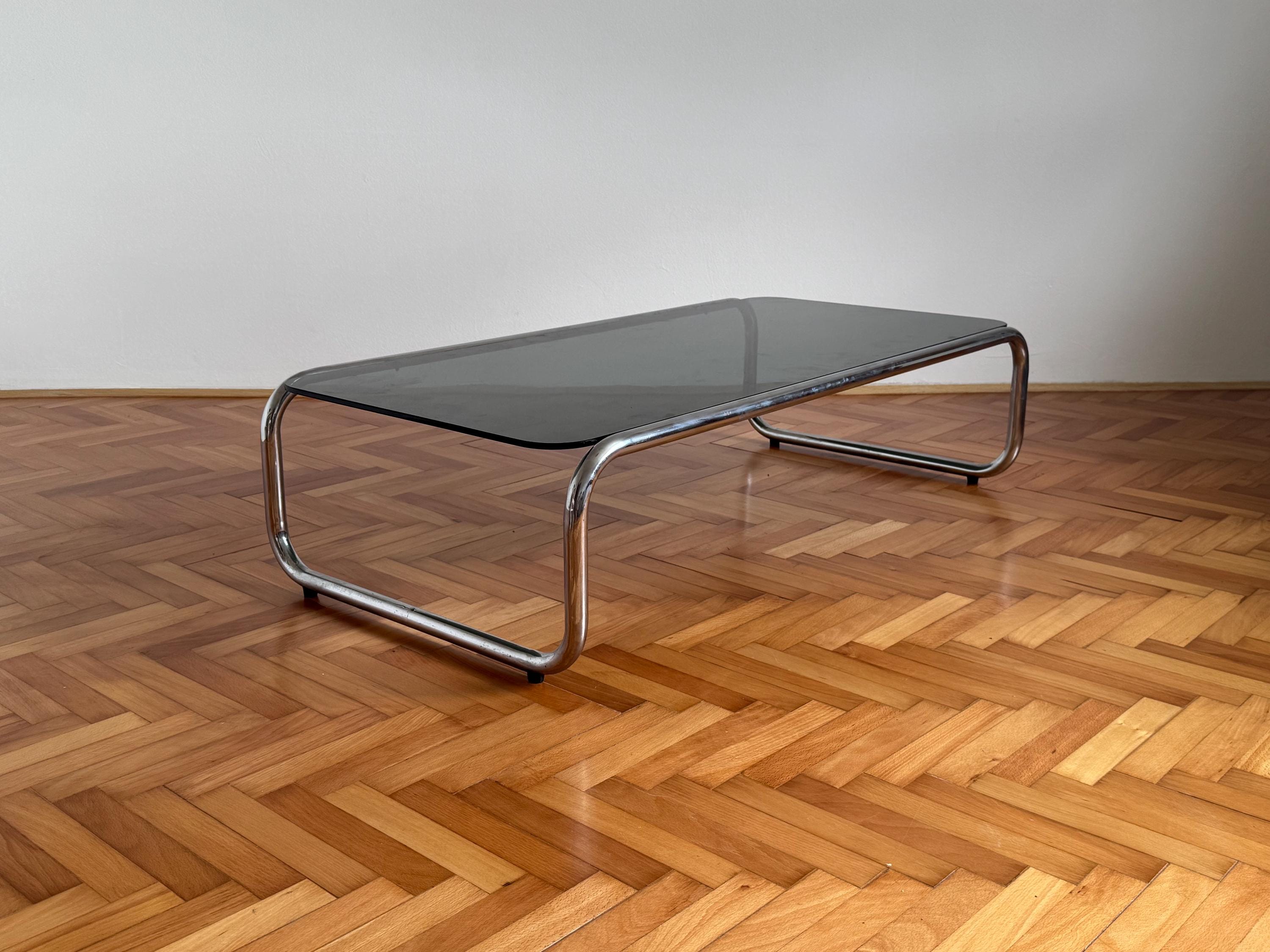 Vintage Chrome Coffee Table with Smoked Glass Top / Italian Bauhaus Style Rectangular Side Table / MCM Elegant Living Room Table / 1970s