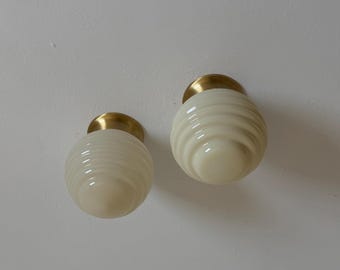 1 of 2 Vintage Beige Ribbed Glass Ceiling or Wall Light / Art Deco Globe Sconce / Italian Mid Century Flush Mount / 1950s
