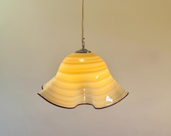 Vintage Beige Murano Glass Pendant Lamp / Mid Century Italian Ceiling Light / Striped Hanging Lamp / 1970s