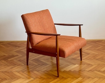 Vintage Wooden Armchair / Mid Century Burnt Orange Accent Chair / Reuphosltered Lounge Chair / Yugoslavia / 1960s