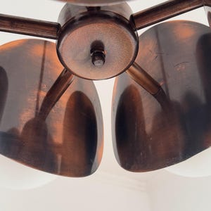 May include: A copper-toned metal ceiling light fixture with five curved, rounded shades. The fixture has a central hub with a screw in the center.