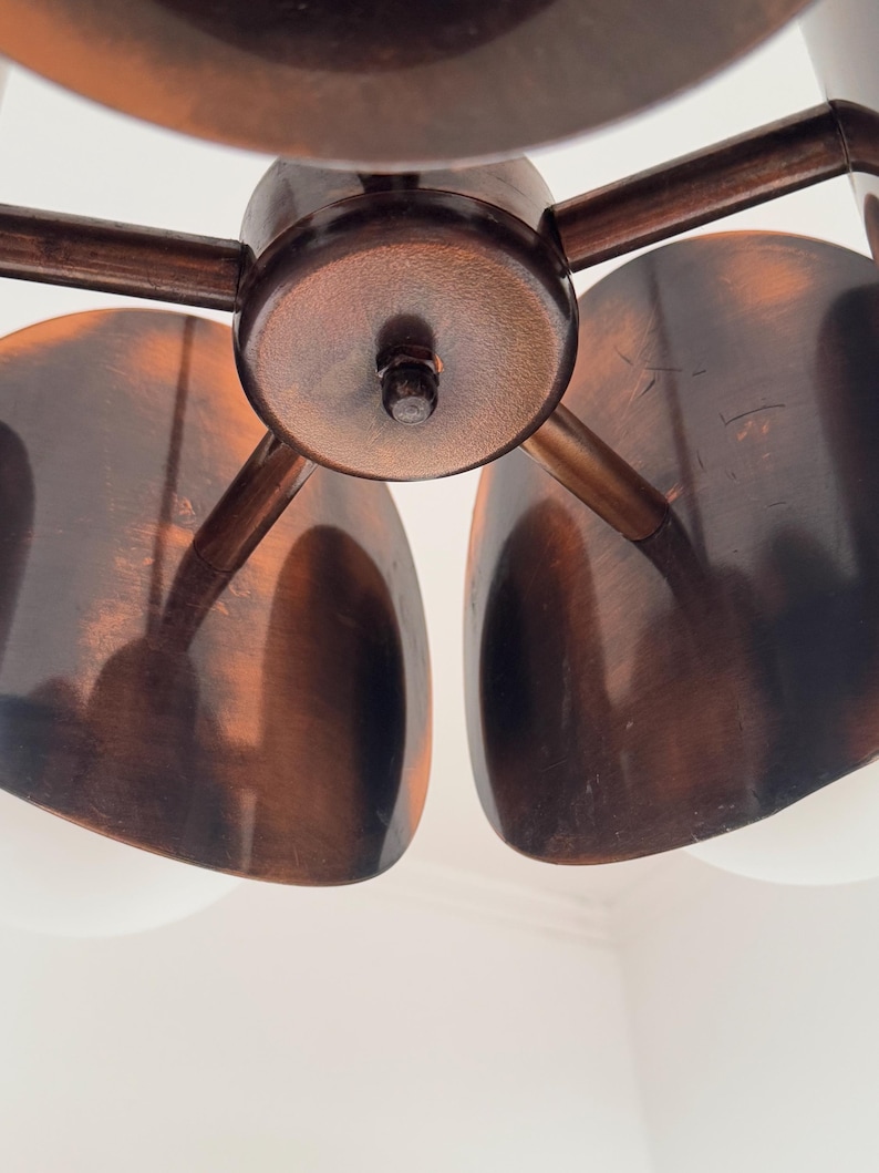 May include: A copper-toned metal ceiling light fixture with five curved, rounded shades. The fixture has a central hub with a screw in the center.