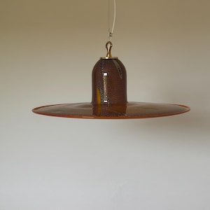 Vintage Murano Glass UFO Pendant Lamp / Space Age Ceiling Light with Wide Shade / Italian Textured Amber & Brown Glass / 1970s