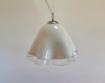 Vintage White Murano Glass Pendant Lamp / Fazzoletto Style Ceiling Light / Italian Mid Century Hanging Lamp / 1970s