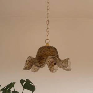 Vintage Wavy Murano Glass Pendant Lamp / Mid Century Modern Textured Italian Ceiling Light / Amber Tone / Italy / 1970s