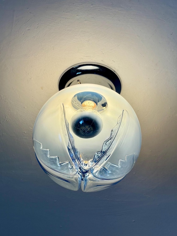 Vintage Blue Murano Glass Globe Wall Sconce or Ceiling Light by Mazzega / Italian Mid Century Flush Mount Lamp / 1970s