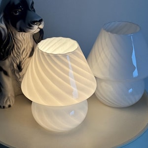 SET of 2 Vintage Murano Swirl Glass Mushroom Bedside Lamps / MCM White Spiral Table Lamps/ Italian Nightstand Striped Lights / 1970s